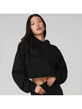 Alo yoga black cropped oversized hoodie sweatshirt size small trendy athleisure